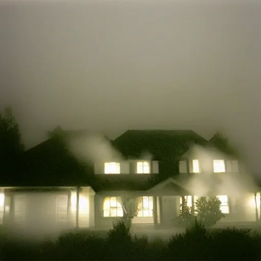 Image similar to a foggy high flash photo of a suburban home from the street at night, 2 0 0 6, taken with a disposable camera