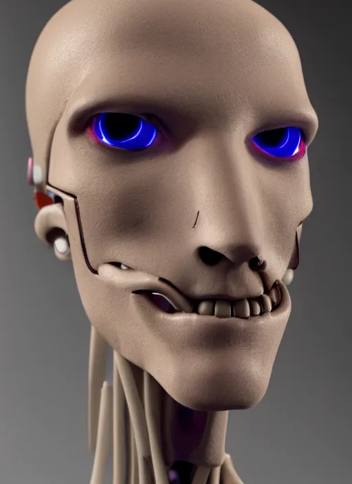 Prompt: angled facial full-head portrait of a cyberpunk bone ceramic caliente humanoid robot Spanish with an attractive face and handsome features, large blue laser eyes, macho, piroca, dotado, guapo, reflective surface, trending on cgsociety, trending on artstation