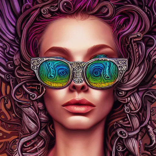 Prompt: an extremely psychedelic portrait of medusa wearing sunglasses, surreal, lsd, face, detailed, intricate, elegant, lithe, highly detailed, digital painting, artstation, concept art, smooth, sharp focus, illustration,