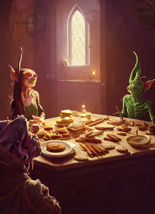 Image similar to highly detailed portrait of a medieval goblin eating cakes, stephen bliss, unreal engine, greg rutkowski, loish, rhads, beeple, makoto shinkai and lois van baarle, ilya kuvshinov, rossdraws, tom bagshaw, tom whalen, alphonse mucha, global illumination, god rays, detailed and intricate environment