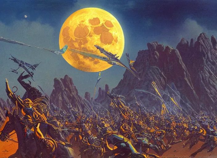 Image similar to beautiful as the moon, terrible as an army with banners. art by michael whalen and bruce pennington