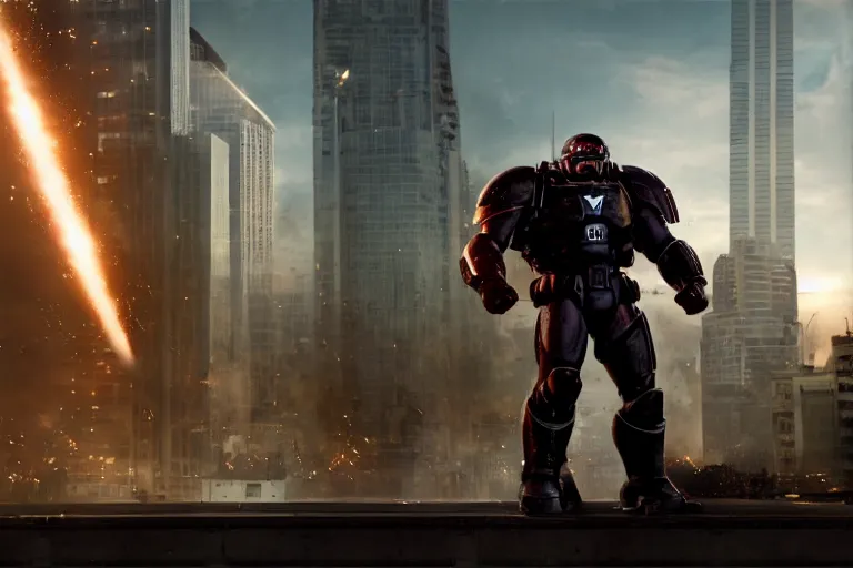 Prompt: VFX movie still frame portrait powerful DC vs. Marvel hero rugged space marine natural skin, hero pose, natural evening light in the city exploding skyscrapers war zone by Emmanuel Lubezki