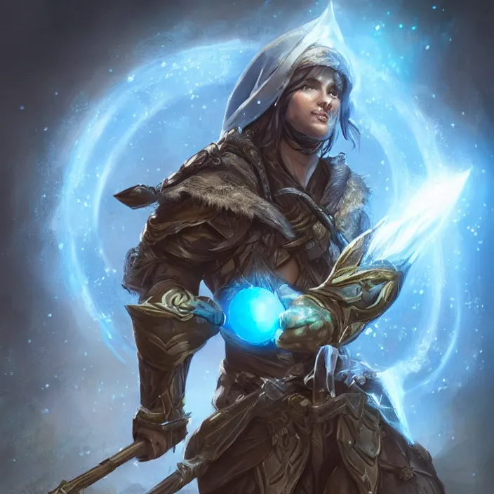 Image similar to an elf ranger with weapons drawn facing a glowing blue orb, fantasy concept art, trending on artstation, video game concept art, highly detailed, cinematic lighting, digital art, dark fantasy