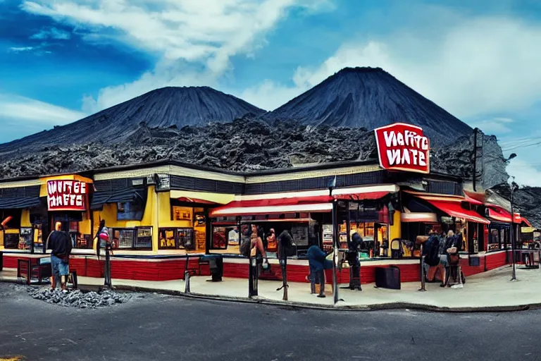 Image similar to waffle house located on an active volcano, highly detailed, hd, realism, photography