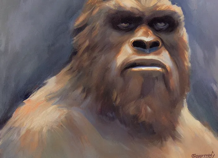 Image similar to a highly detailed beautiful portrait of bigfoot by gregory manchess, james gurney, james jean