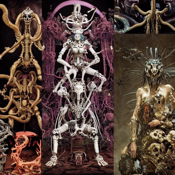 Image similar to still frame from Prometheus by Utagawa Kuniyoshi, death god Kali Durga as Dr doom in ornate bio cybernetic bone armour in front of burning souls and pile of alien skulls by Wayne Barlowe by peter Mohrbacher by Giger, dressed by Alexander McQueen and by Neri Oxman, metal couture hate couture editorial