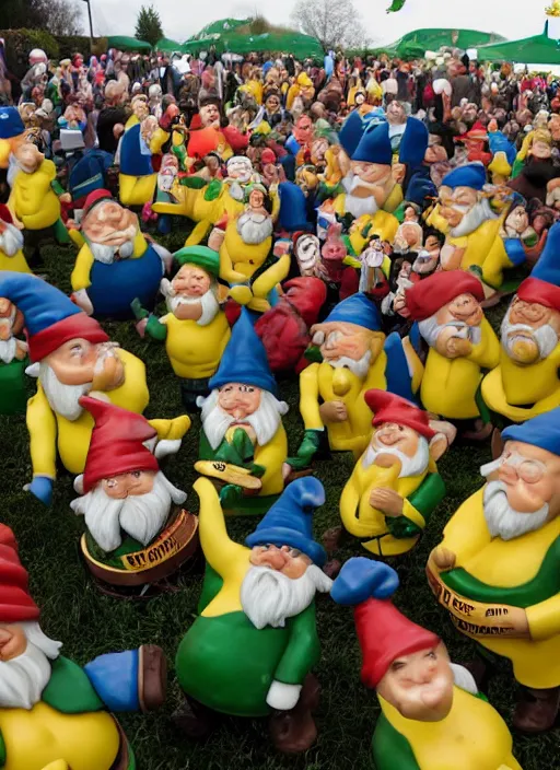 Image similar to an Irish party with hundreds of gnomes holding bananas