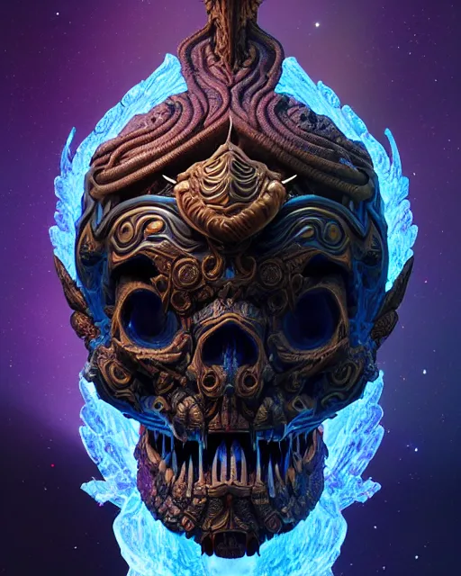 Image similar to 3 d ornate carved dark cosmic warrior with profile portrait, sigma 5 0 0 mm f / 5. beautiful intricate highly detailed quetzalcoatl skull. bioluminescent, plasma, lava, ice, water, wind, creature, thunderstorm! artwork by tooth wu and wlop and beeple and greg rutkowski, 8 k trending on artstation