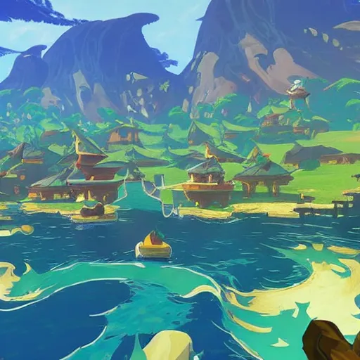 Prompt: “ a still of dragon roost island ( wind waker ) in breath of the wild ”
