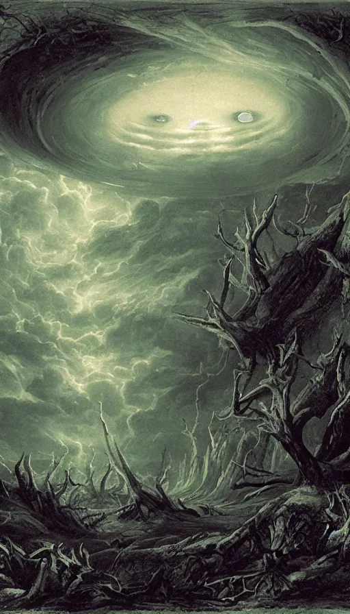 Image similar to a storm vortex made of many demonic eyes and teeth over a forest, by john martin