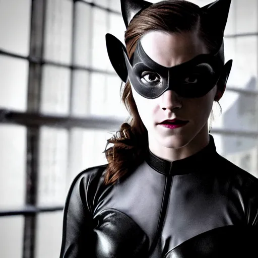 Prompt: Emma Watson as Catwoman, XF IQ4, f/1.4, ISO 200, 1/160s, Adobe Lightroom, DxO Photolab, polarizing filter, Sense of Depth, AI enhanced, HDR, in-frame