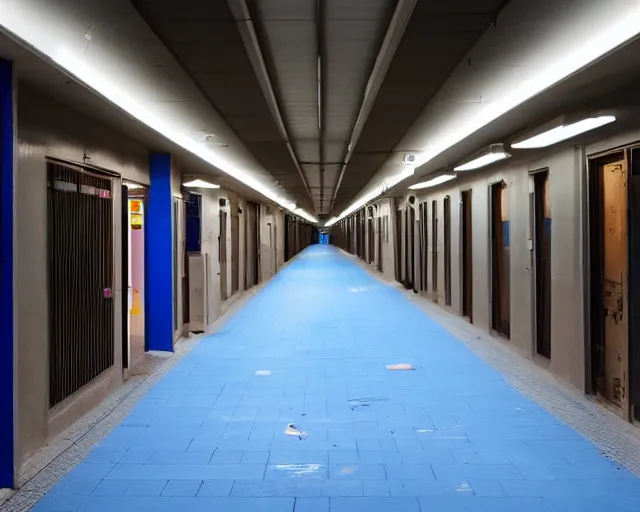 Image similar to a school corridor at night, night time, after hours, low light, blue, color