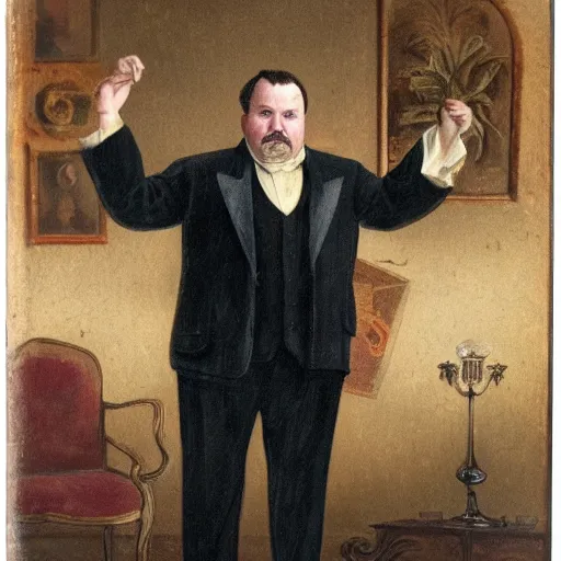 Prompt: Realistic photo of portly French gentleman, a member of the clergy on black cereal box