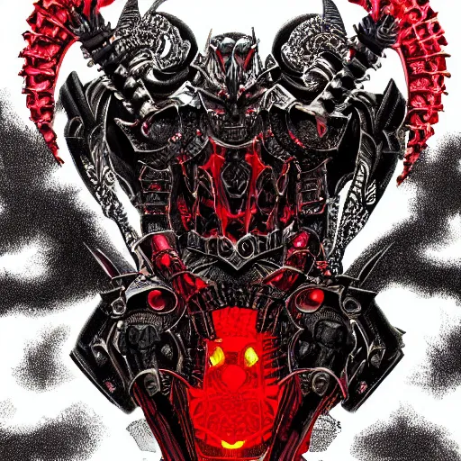 Prompt: a demon in iron armor with diamonds sits on the black throne of death and looks with red eyes into the darkness against the background of a bright red sun