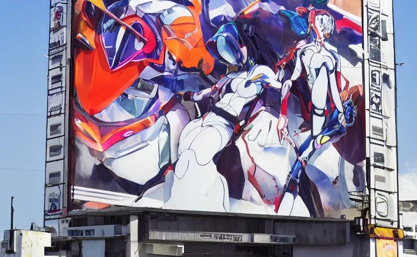 Prompt: billboard advertisement with an extremely beautiful photo of a white marble statue of an anime girl with colorful motocross logos and motorcycle helmet with closed visor, colorful smoke in the background, carved marble statue, fine art, neon genesis evangelion, virgil abloh, offwhite, denoise, highly detailed, 8 k, hyperreal