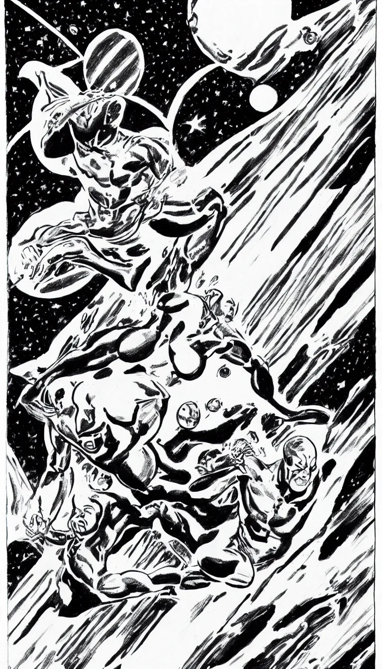 Image similar to silver surfer in space hovering above earth, by steve ditko, black and white, pencil drawing,