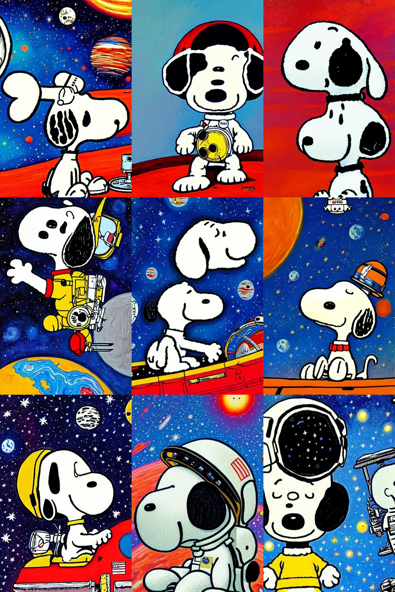 Prompt: close up of snoopy in a space suit wearing an astronaut helmet, painting by james jean and jean giraud