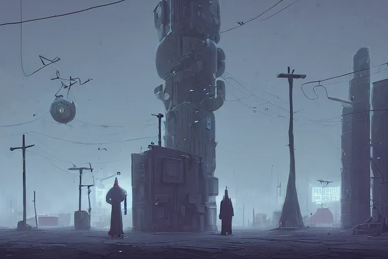 Image similar to a wizard cultist standing in a dystopian city by simon stalenhag,