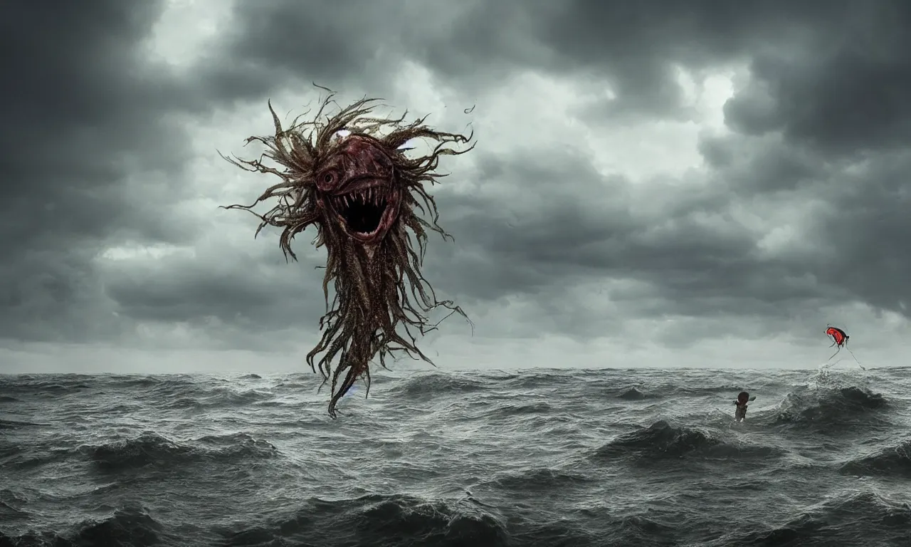 Image similar to a gigantic monster that looks like an angler-fish with wet and slimy legs with a very large mouth, has many children like him attached to his body, is coming out of the sea on a beach, there are people fleeing in terror, photo-realistic, stormy sky, photo by national geographic