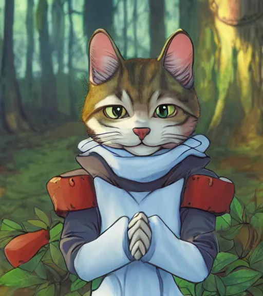 Prompt: close up character portrait icon of the anthro anthropomorphic cat head animal person fursona wearing clothes standing in the bright forest, hidari, color page, tankoban, 4 k, tone mapping, akihiko yoshida