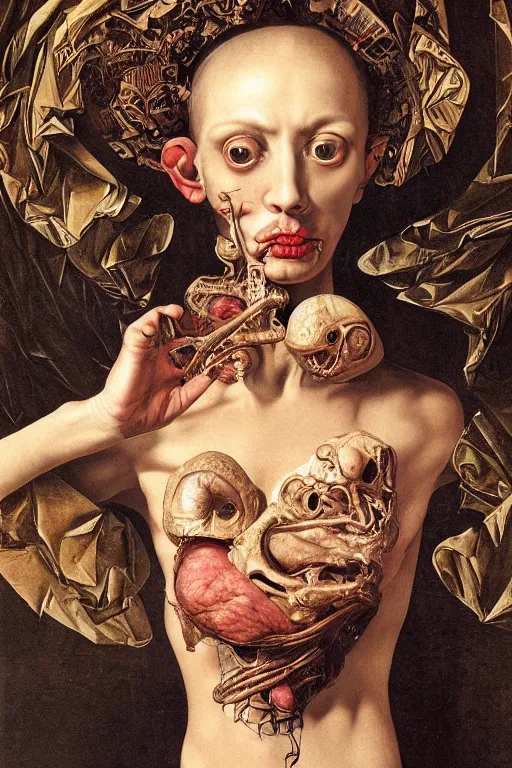 Image similar to Detailed maximalist portrait with large lips and with large wide eyes, surprised expression, surreal extra flesh and bones, HD mixed media, 3D collage, highly detailed and intricate, illustration in the golden ratio, in the style of Caravaggio, dark art, baroque