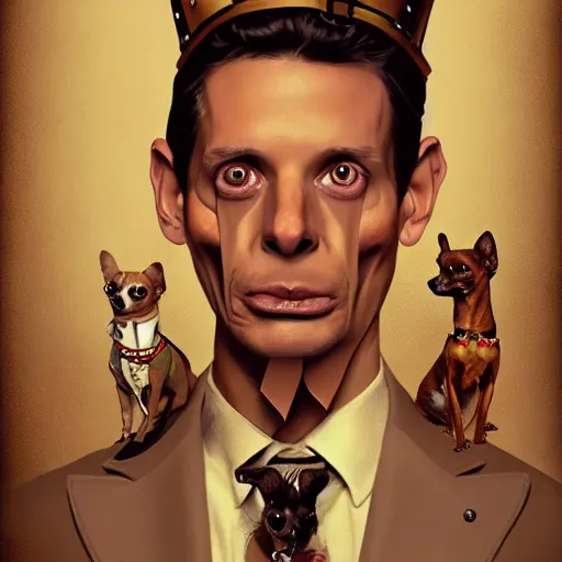 Prompt: ripped physique bone crown collar leash Man Steampunk portrait Sherlock Patrick Bateman snout Detective Anthropomorphic furry fuzzy fashion vogue Chihuahua man wearing a Chihuahua costume wearing an Executive costume gerald brom bastien grivet greg rutkowski norman rockwell portrait face head snout ears eyes illustration tombow