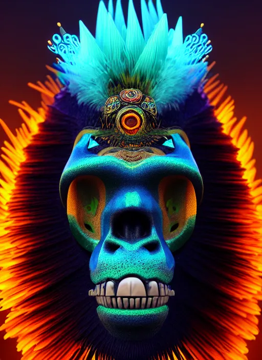 Prompt: 3 d ape shaman mage profile portrait, sigma 5 0 0 mm f / 5. beautiful intricate highly detailed quetzalcoatl skull and feathers. bioluminescent, plasma, lava, ice, water, wind, creature, thunderstorm! artwork by tooth wu and wlop and beeple and greg rutkowski, 8 k trending on artstation,