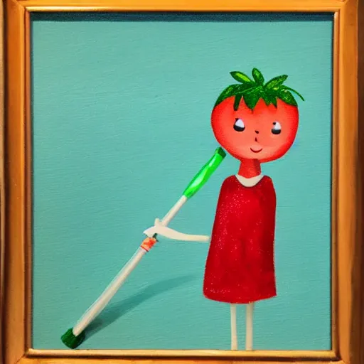 Image similar to a cute strawberry with two front teeth, holding a yellow toothbrush, in the style of debbie criswell