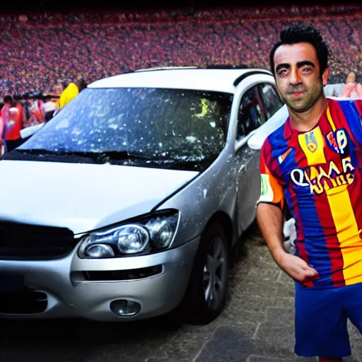 Image similar to xavi hernandez next to a crashed car, in camp nou