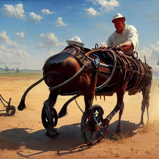 Image similar to a man pulling a cart, horse on cart, hyperrealism, no blur, 4 k resolution, ultra detailed, style of ron cobb, adolf hiremy - hirschl, syd mead, ismail inceoglu, rene margitte