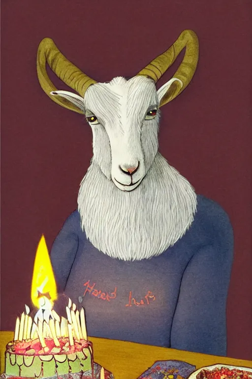 Prompt: a goat with a white beard, sitting in front of a birthday cake with many lit candles, children's book illustration by ben von strawn, highly detailed