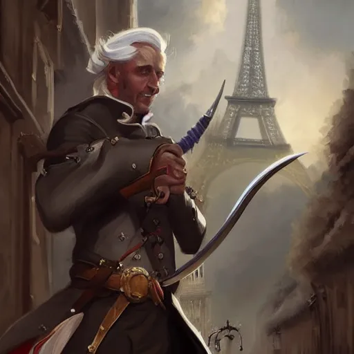 Image similar to a french gentleman with white hair with a rapier in a duel with a rogue blackman in the streets of a fantasy paris in french revolution, symmetric face, hyperrealism, epic fantasy digital art, fantasy style art, by Greg Rutkowski, fantasy hearthstone card art style