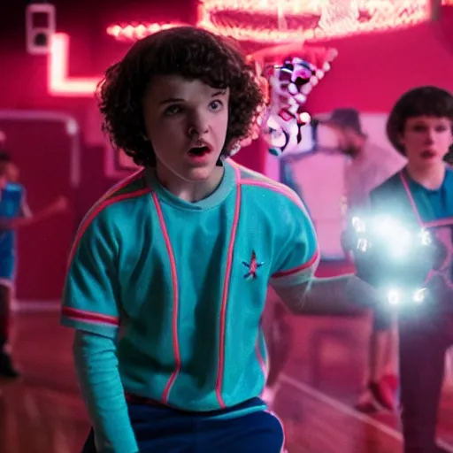 Prompt: will from stranger things playing basketball and making a shot in an nba stadium , close up shot, wide angle, lens flares