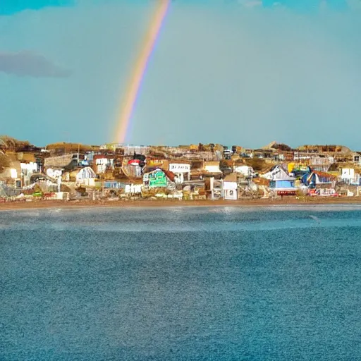 Image similar to A rainbow on top of the sea, with houses on a beachside and seagulls flying