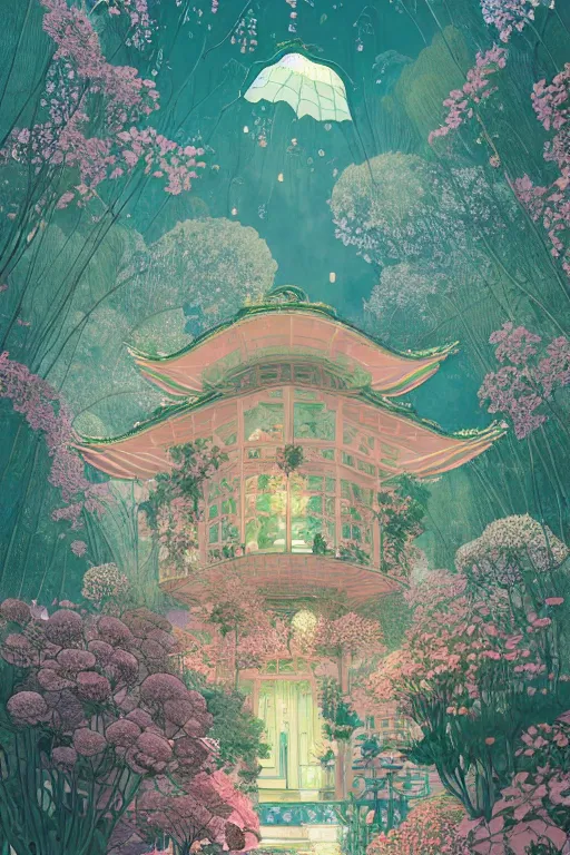 Image similar to a beautiful hyperdetailed matte illustration victo ngai style of absolutely beautiful blooming flower house, from china, perfectly shaded, atmospheric lighting, style of studio ghibli, makoto shinkai, raphael lacoste, louis comfort tiffany, artgerm, james jean, ross tran, chinese style