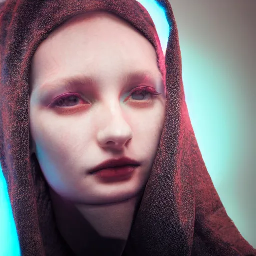 Prompt: photo of young woman, close up, with a cyberpunk camera lens fixed over right eye with led lights, robotic implants over face with small led lights, white background, fine art photography in the style of Bill Henson