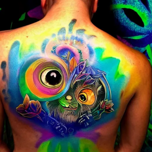 Prompt: shoulder back tattoo of a multicolored hallucinogenic cute bush baby dj with 2 recordplayers, eyes are colorful spirals, surrounded with colorful magic mushrooms and rainbowcolored marihuana leaves, insanely integrate