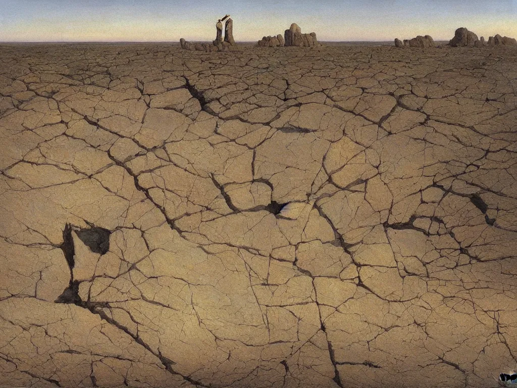 Prompt: Fragmented mirror in the desert. Sentient rocks. Complex changing landscape, autumn light. Painting by Caspar David Friedrich, Alex Colville