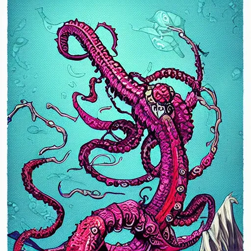 Image similar to kraken arm rising out of the ocean, d & d style, trending on artstation, colorful, intricate, art by kev chan