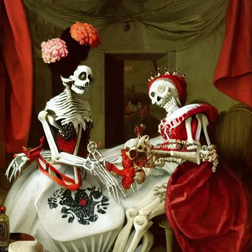 Prompt: a skeleton Queen, two chambermaid sisters cleaning her, red and white flowers, perfume, baroque, Dutch masters