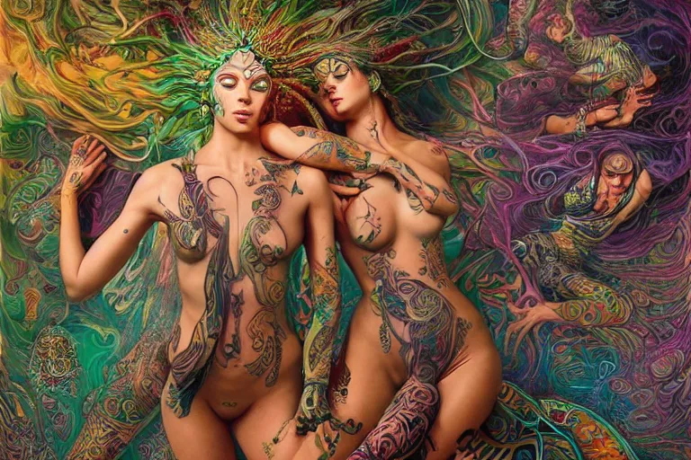 Prompt: a centered full body render of alluring festival hippies with tribal tattoos surrounded by a underwater ink pour and flowing liquid galium and sacred geometry, perfect body face and hands, powerful, cinematic, beautifully lit, by artgerm, by karol bak, by donato giancola, 3 d, trending on artstation, octane render, 8 k