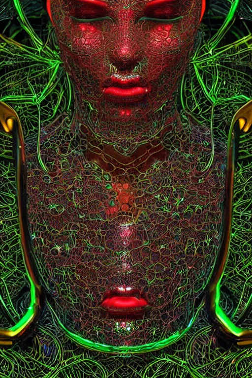 Image similar to a melancholic realistic 8k sculpture of a complex robotic human face, liquid metal simulation, bright psychedelic neon colors, dark dramatic lighting, hexagonal mesh wire, filigree intricate details, cinematic, fleshy, red blossoms, green ivy, elegant, 50mm lens, DOF, octane render, art nouveau, 8k post-processing, intricate art by greg rutkowski