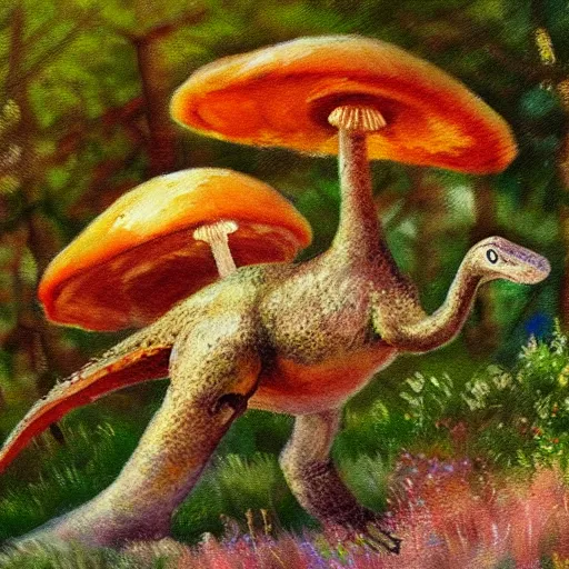 Prompt: impressionist painting of a dinosaur made of mushrooms