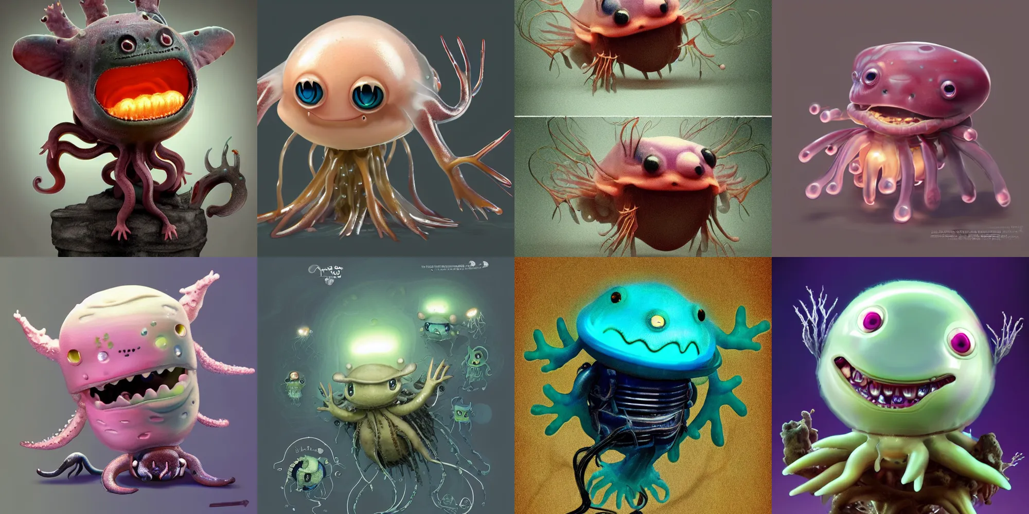 Prompt: cute! baby jelly fish axolotl mechabot, pirates of the caribbean (2006), davy jones, wires, SSS, wrinkles, grin, rimlight, dancing, fighting, bioluminescent screaming pictoplasma characterdesign toydesign toy monster creature, artstation, cg society, by greg rutkowski, by William-Adolphe Bouguereau, by zdzisław beksiński, by Peter mohrbacher, by nate hallinan, 8k