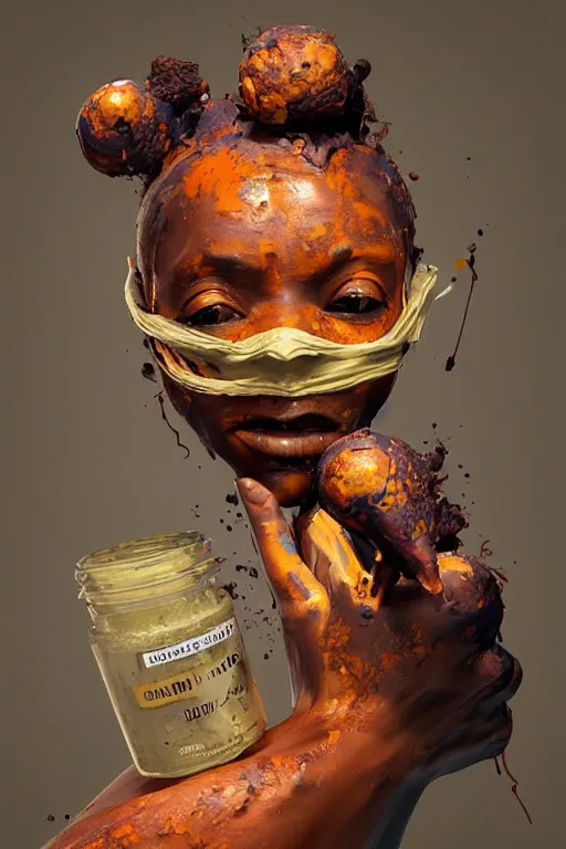 Prompt: epic 3 d straw masked omolu, liquid hands and feet spinning, 2 0 mm, with brown and orange mud melting smoothly into medicine and salves, intense, healing, intricate, houdini sidefx, trending on artstation, by jeremy mann and ilya kuvshinov, jamie hewlett and ayami kojima, 3 d bold