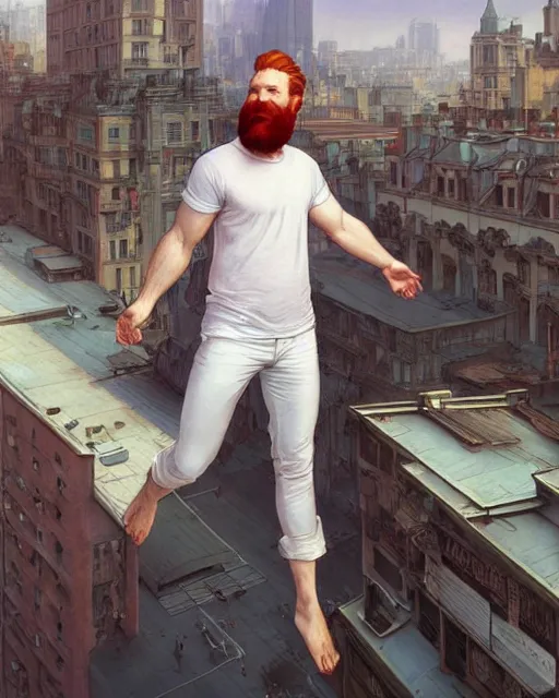 Image similar to wide angle of attractive red - headed bearded man wearing a white t - shirt levitating over the street below, arms spread wide, highly detailed, digital painting, artstation, concept art, smooth, sharp focus, illustration, art by artgerm, greg rutkowski, alphonse mucha, j. c. leyendecker