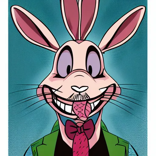 Prompt: A extremely highly detailed majestic hi-res beautiful, highly detailed head and shoulders portrait of a scary terrifying creepy cartoon rabbit evil smiling standing up wearing pants and a shirt in the style of Walt Disney animation