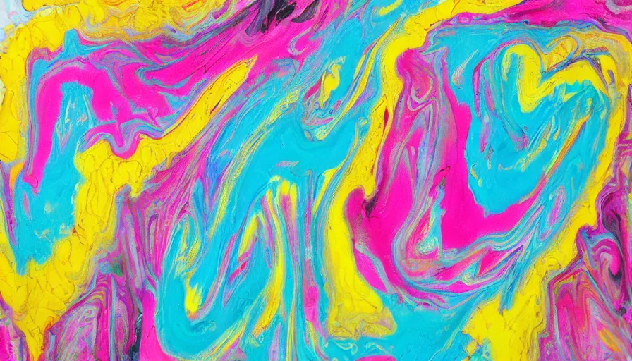 Image similar to acrylic paint pour, marbling, very detailed, large white border, 144x144 canvas, hd, high resolution print :1 Cyan, Pink, White, Yellow and Black :1