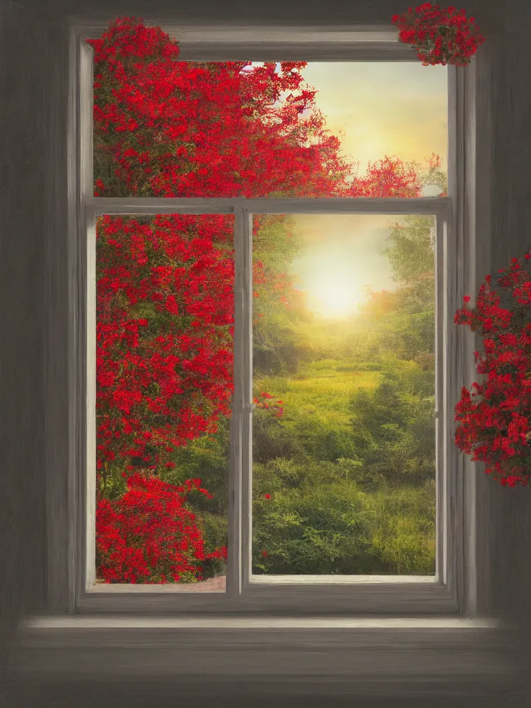 Image similar to a interior photo of a vintage house single window with view to the sunrise near some red flowers, hyperrealistic, digital painting, masterpiece, high quality, highly detailed, high coherence, path traced, serene landscape, beautiful, elegant, bloom, godrays, complementary colors, natural lighting, symmetrical, low contrast, geometrically correct