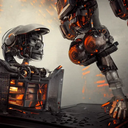 Image similar to head of toaster oven mecha, dark messy smoke - filled cluttered workshop, dark, dramatic lighting, orange tint, cinematic, highly detailed, sci - fi, futuristic, movie still